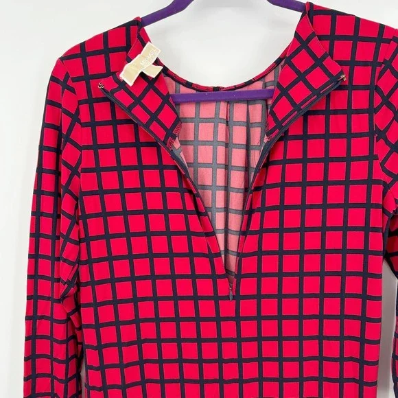 Michael Kors Mod Geometric Grid Print Shift Dress Red Black Chain Neckline Small - Picture 7 of 8